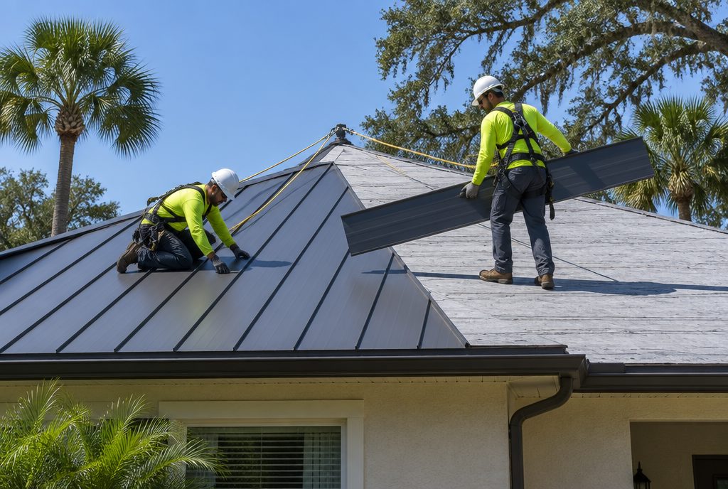 Crew installing a new metal roof on a Central Florida home